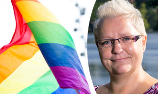 Till vänster en bild på prideflaggan, till höger bild på Sofi som ler in i kameran 