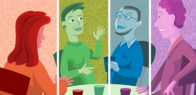 Illustrerad bild på fyra personer som sitter runt ett bord och samtalar