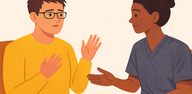 Två personer sitter och samtalar