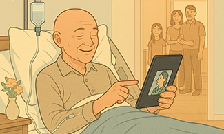 En man ligger i en sjukhussäng och samtalar med vårdpersonal via en platta. I bakgrunden skymtar hans familj