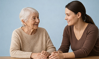 Två kvinnor håller varandra i handen och samtalar. 
