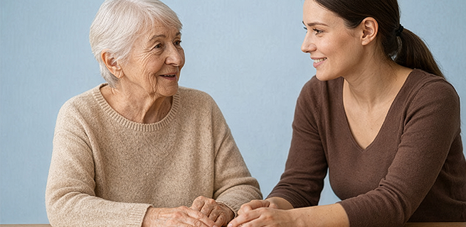 Två kvinnor samtalar och håller varandra i handen. 