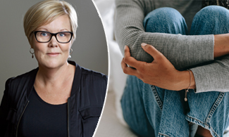 Till vänster bild på Marie Angsnell, till höger bild på en tjej som håller om sig om benen