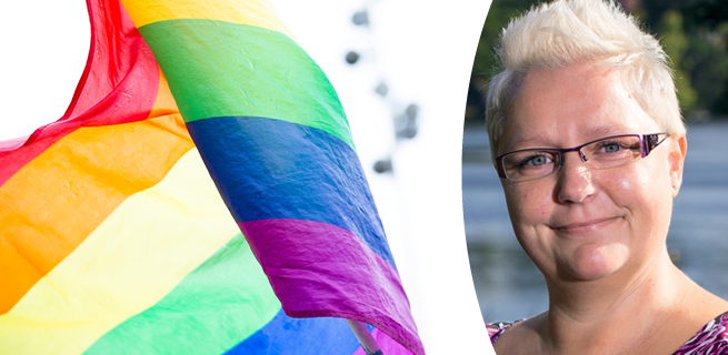 Till vänster en bild på prideflaggan, till höger bild på Sofi som ler in i kameran 