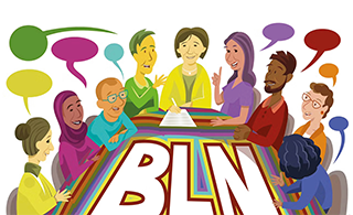 En tecknad bild på personer som sitter och samtalar runt ett bord. På bordet står det BLN vilket står för Blandade lärande nätverk