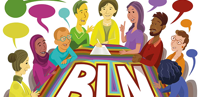 En tecknad bild på personer som sitter och samtalar runt ett bord. På bordet står det BLN vilket står för Blandade lärande nätverk