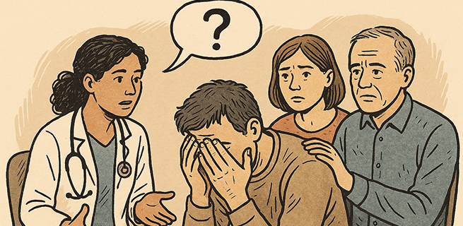 En läkare pratar med en kvinna och en man samtidigt som en annan man sitter framför dem och håller händerna i huvudet