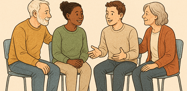 Fyra personer sitter på stolar i en ring och samtalar med varandra. 