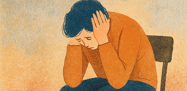 En person sitter på en stol med huvudet lutad i händerna