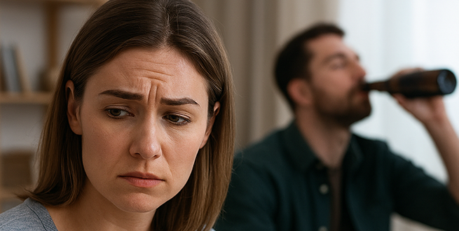 En kvinna är ledsen och en man sitter i bakgrunden och dricker