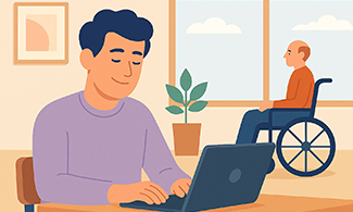 En man sitter framför datorn och läser medan en annan man sitter i rullstol och tittar ut genom ett fönster