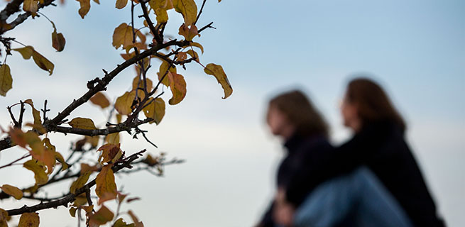 Bild på två personer som sitter på marken och höstlöv i fokus