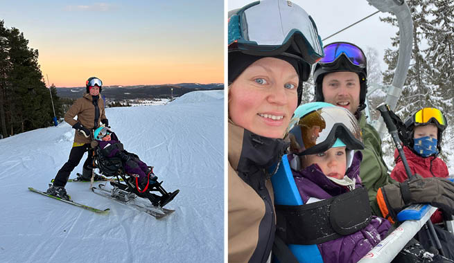 Boris och hans familj i sittliften och i skidbacken.