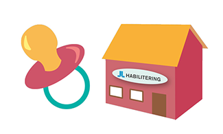 Illustration av en napp och ett hus med texten "Habilitering".