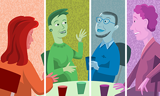 en bild med flera personer som sitter och samtalar runt en bord, bilden är animerad och varje person har ett genomskinligt lager av färg över sig. 