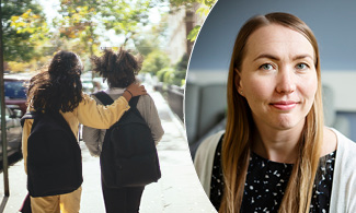 Två flickor går och håller om varandra med ryggen mot kameran. Bild till höger är på Katri Lehmuskoski. Foton: Pexels/Privat 