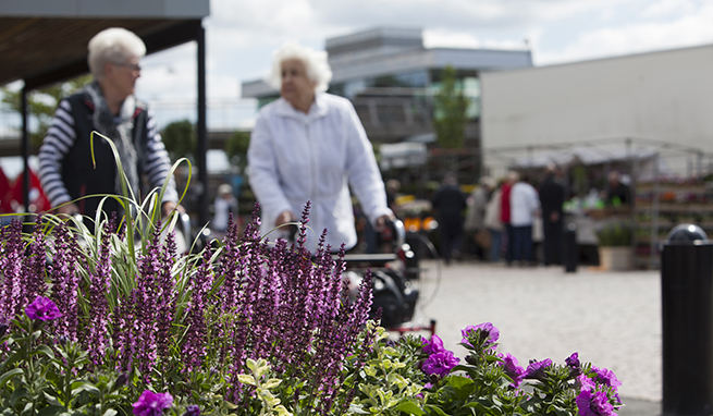 Två kvinnor med rullatorer är ute och går. I förgrunden syns en stor kruka med blommor.