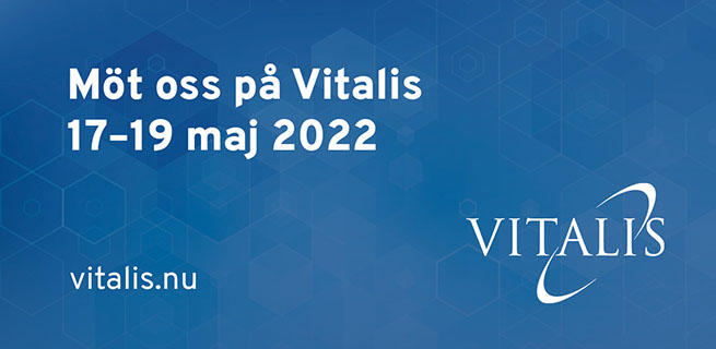 Blå bild med texten Möt oss på Vitalis 17-19 maj