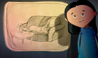 En illustration från filmen med någon som ligger i soffan och ett barn tittar in i kameran