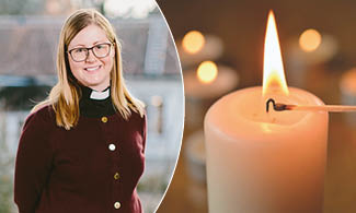 Porträttbild på Sara Secund och bild på en hand som tänder ett ljus.