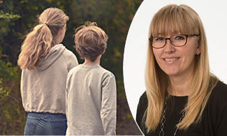 En tjej och kille går genom skog, samt porträttbild på Pauline Johansson.