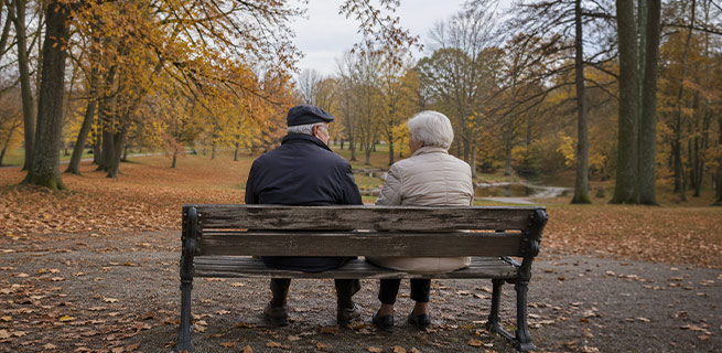 Äldre par sitter på en parkbänk i en höstpark, med träd i höstfärger och en parkgång i bakgrunden