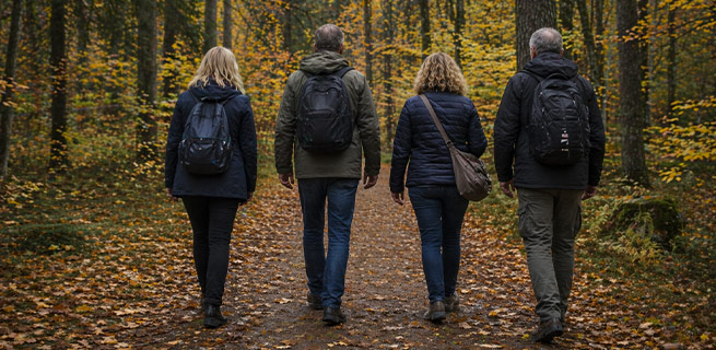 Fyra personer promenerar tillsammans på en skogsstig täckt av höstlöv, sedda bakifrån med ryggsäckar