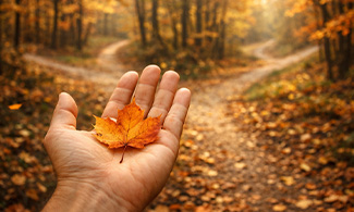 En hand som håller i ett löv och stigar i bakgrunden i en skog i höststämning
