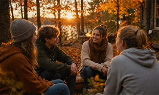 Grupp av ungdomar sitter tillsammans utomhus i en höstmiljö och samtalar. De är omgivna av färgstarka löv och varm kvällsbelysning, vilket skapar en trygg och avslappnad stämning som signalerar gemenskap och stöd