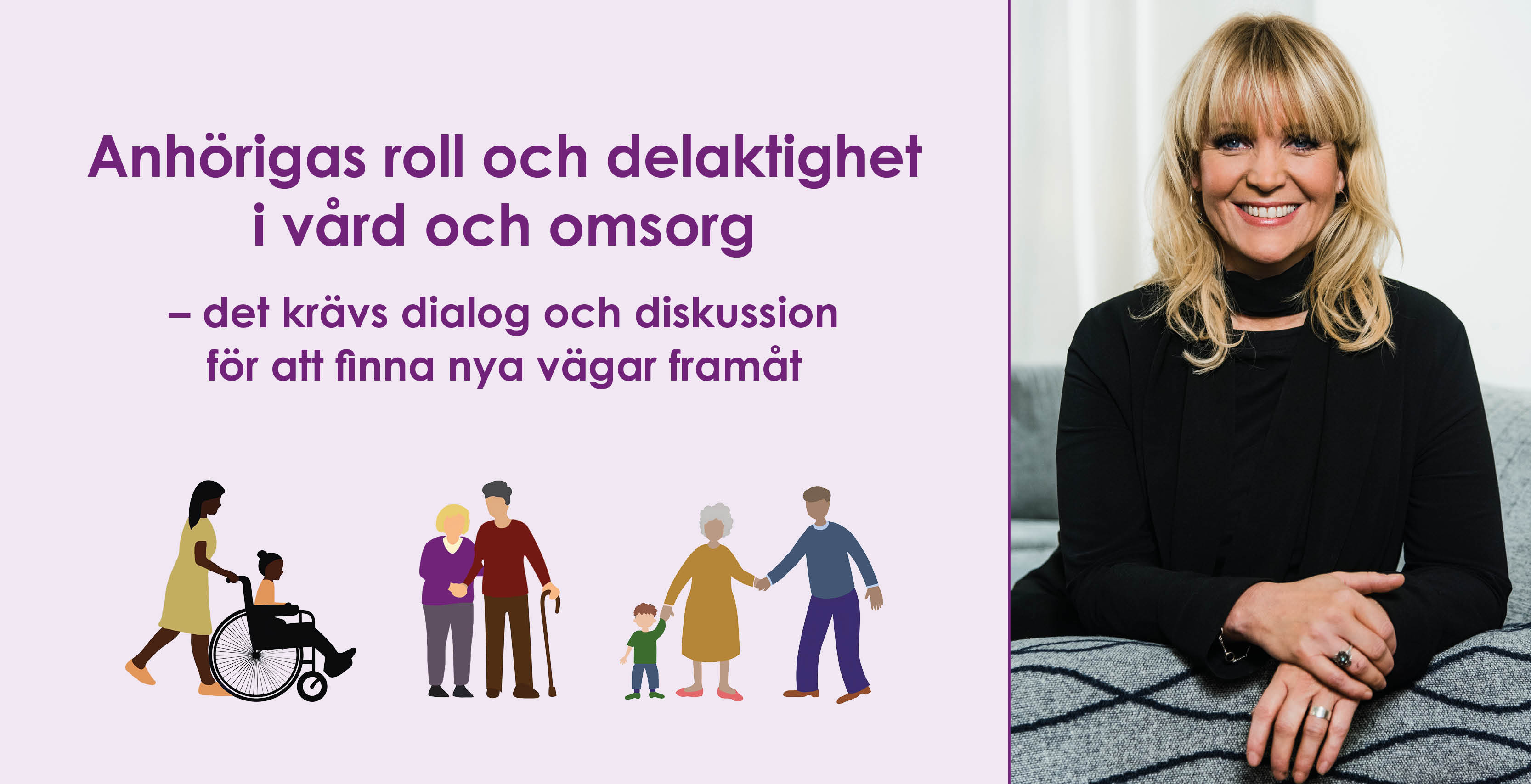 En bild på moderator Kattis Ahlström, samt illustrationer som visar personer i olika åldrar.