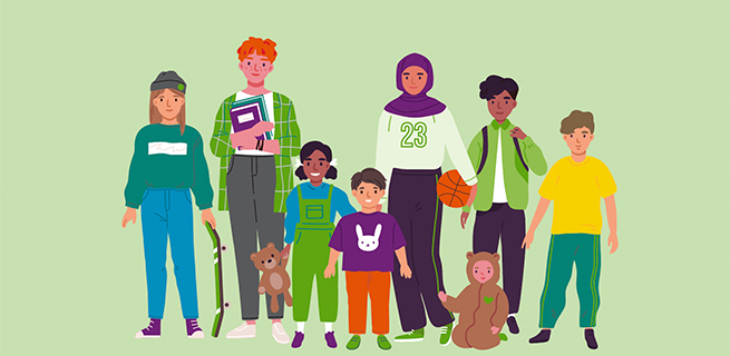 Illustration av en grupp barn i olika åldrar som står tillsammans. Barnen håller exempelvis böcker, leksaker och en basketboll. Bilden visar mångfald och gemenskap.