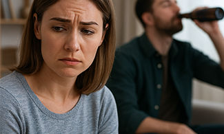 En kvinna är ledsen och en man sitter och dricker